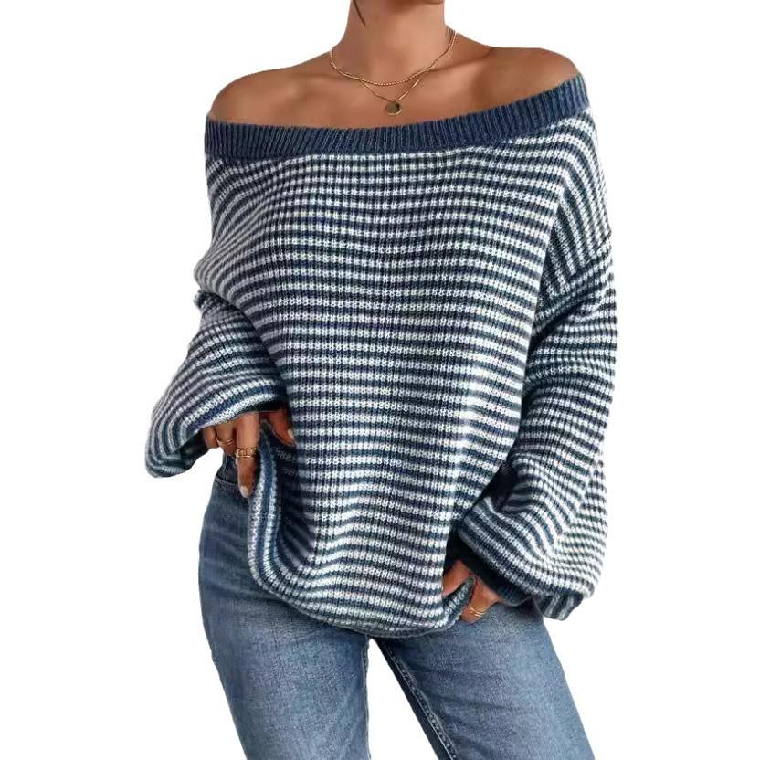 Women One-line Collar Straples Knitted Sweater Winter Autumn New Clashing Color Striped Lantern Long Sleeve Tops