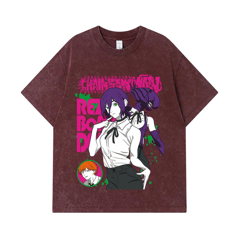 275 GSM Washed T-shirts 100% Cotton Chainsaw Man V44 Reze Print Unisex Heavy Cotton T Shirt