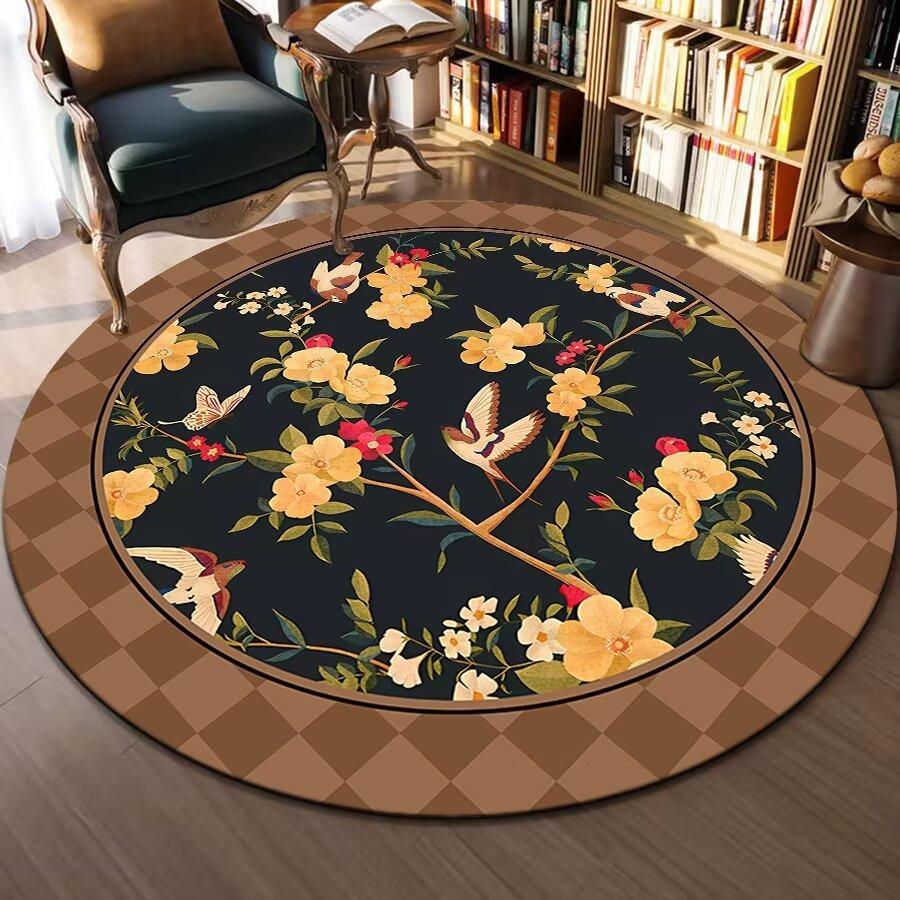 Round Area Rug With Traditional Patterns Lotus Flower Landscape Exquisite Artistic Style Soft Durable Floor Decor For Bedroom