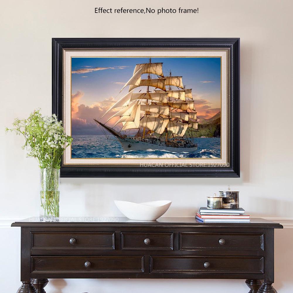 HUACAN Пейзажная краска с бриллиантами 5D Полная квадратная дрель Морское украшение Дома DIY Мозаика Парусник