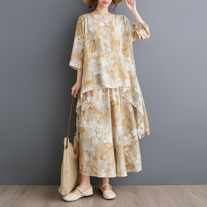 Dimanaf Комплект из двух предметов размера плюс, женская одежда, элегантный женский топ с принтом Vinatge, льняные свободные брюки, женский летний костюм