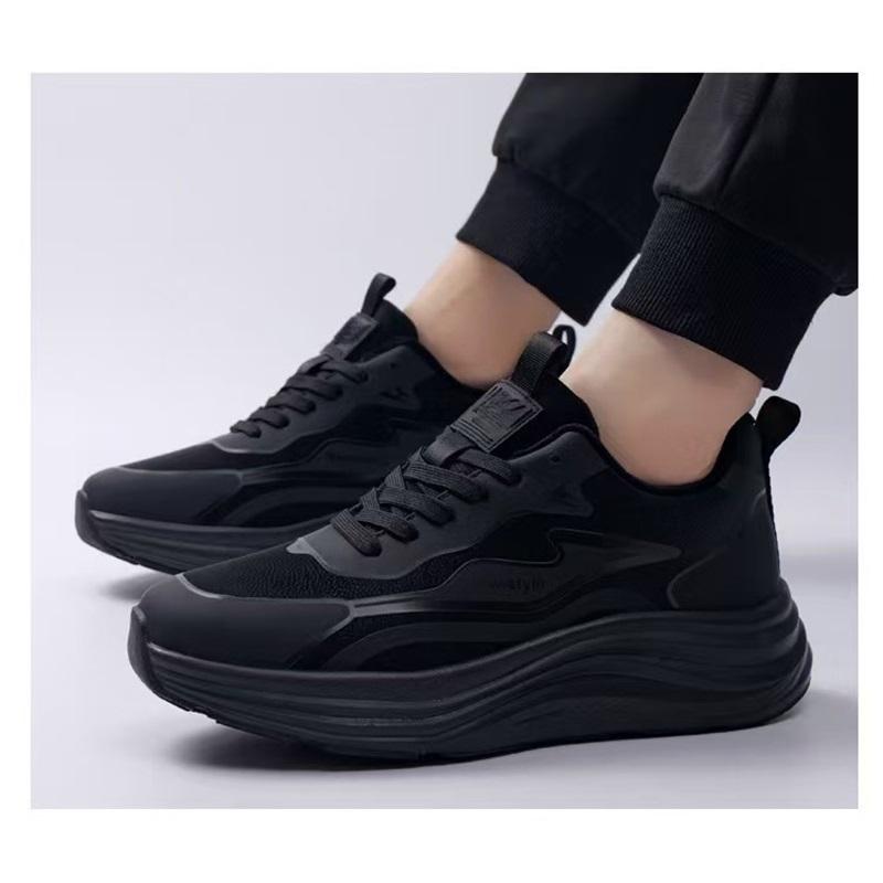Men Waterproof Height Increasing Casual Shoes Spring Black Leather Soft Thick Sole Versatile Sneakers