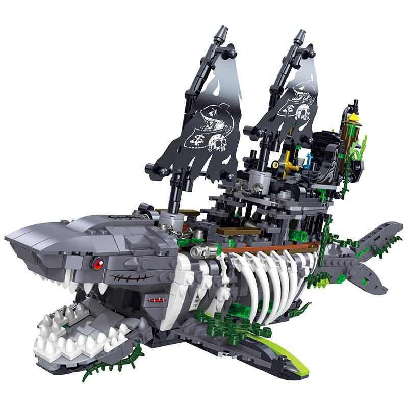 non-toxic 1155PCS Shark Pirate Ship Building Blocks Creative Sea Shark Ghost Ship Model Bricks With Light Kids Educational DIY Toy Gifts