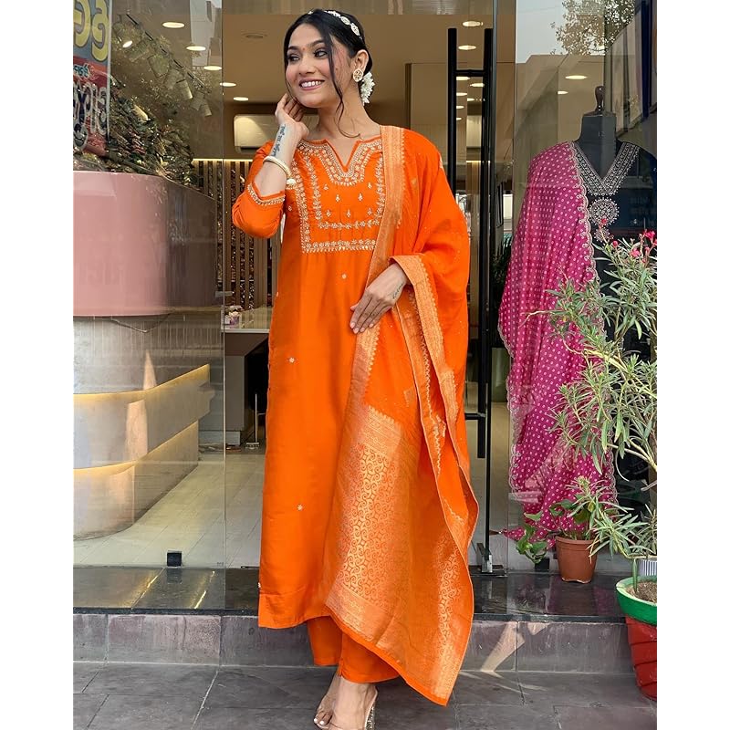 GoSriKi Women's Rayon Blend Straight Embroidered Kurta with Pant & Dupatta (MANUSHI Orange-VKS01-GS_XXL_Orange_XX-Large)