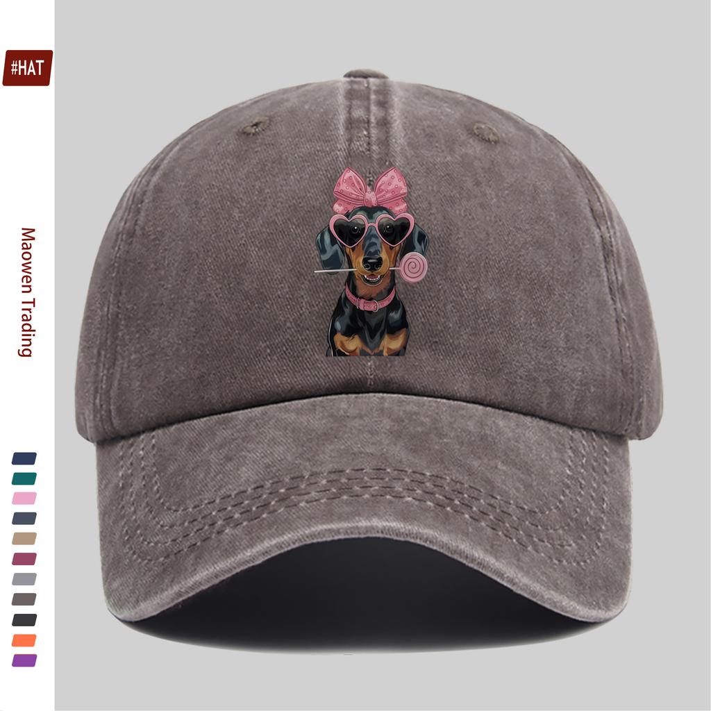pc Cute Dachshund Pattern Printed Baseball Cap with Pink Bow Design Sun Hat Comfortable Lightweight Trucker Style Decor Hat A