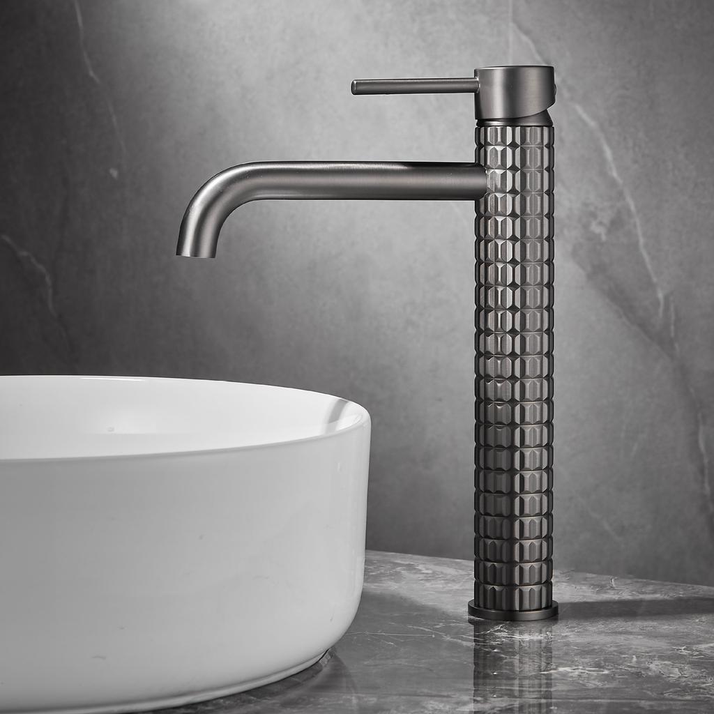 Tuqiu Brush Gold Bathroom Basin Faucets Art Carved Sink Mixer Tap Hot & Cold Deck Mounted Grey Lavatory Crane Water Tap