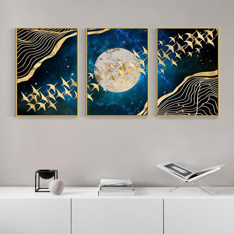 Креативная геометрия, тройная декоративная картина, золотая птица, используется для домов, гостиных, подвесных картин, фресок, картин в рамах