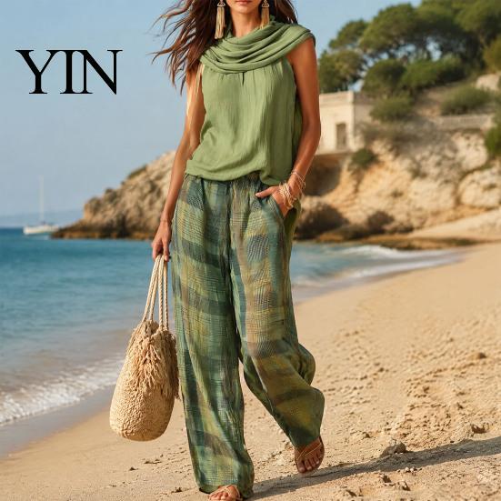 Women Two Piece Sets Top Pants 2-Piece Set, Summer Ruffle Mock Neck Sleeveless Blouse Trouser Set & Plaid Wide Leg Pants, Vintage Loose Casual Outfit