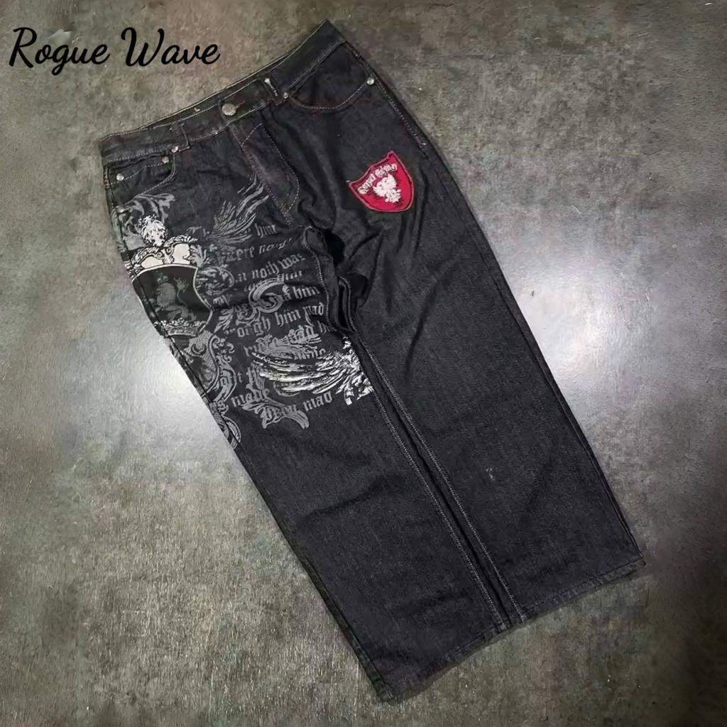 RogueWave Street Wear Американский Ретро Чистый Крой Модный Принт Мешковатые Джинсы Y2K Популярные Повседневные Джокер Готические С Завышенной Талией Широкие Штаны