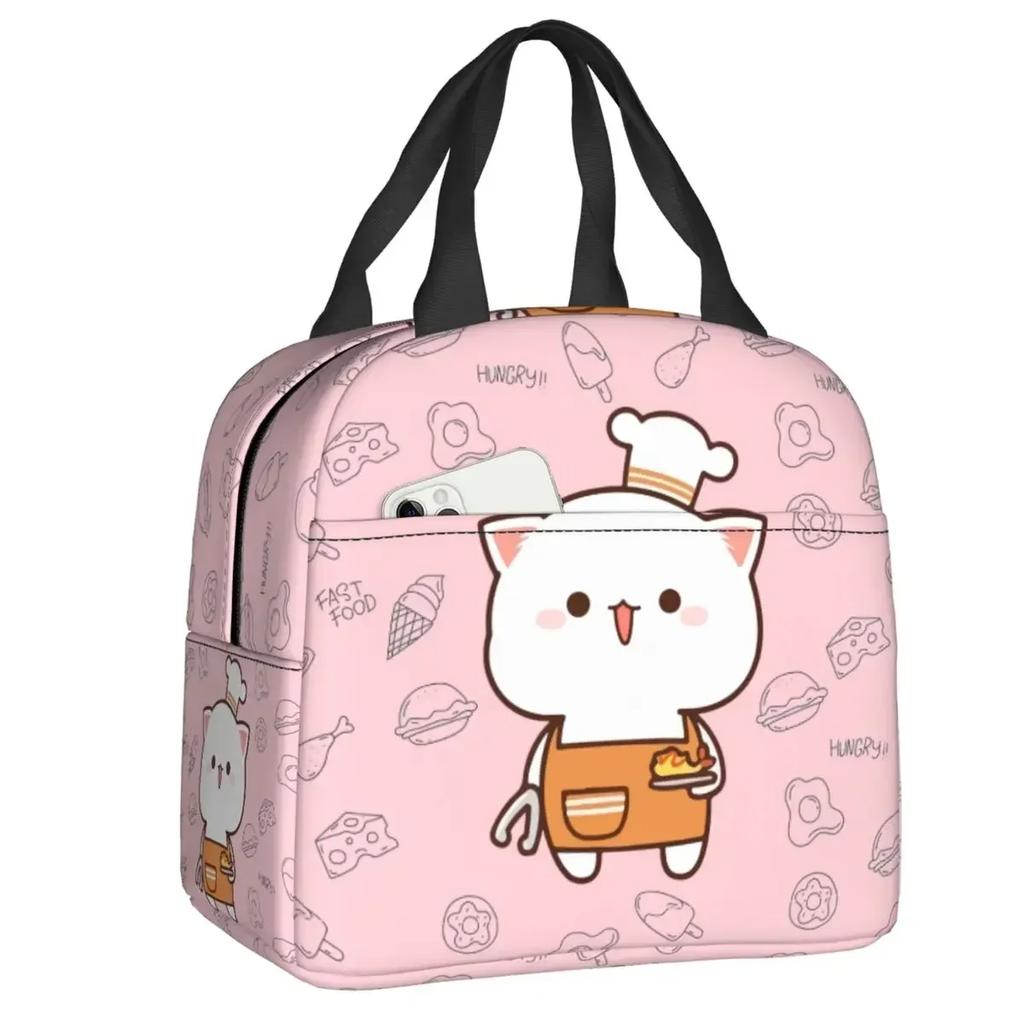 Mochi Cat Chef Peach Insulated Lunch Bag for Outdoor Picnic Peach And Goma Resuable Thermal Cooler Lunch Box Women Children