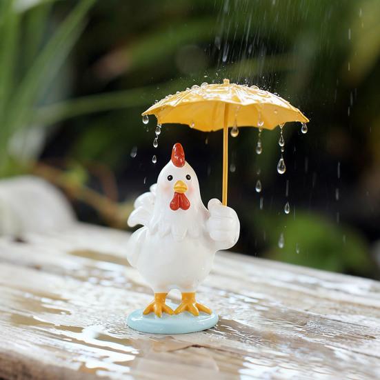 Holding Yellow Umbrella Chicken Figurine Cartoon Chick Resin Statue Sculpture Home Office Desktop Decoration Ornament