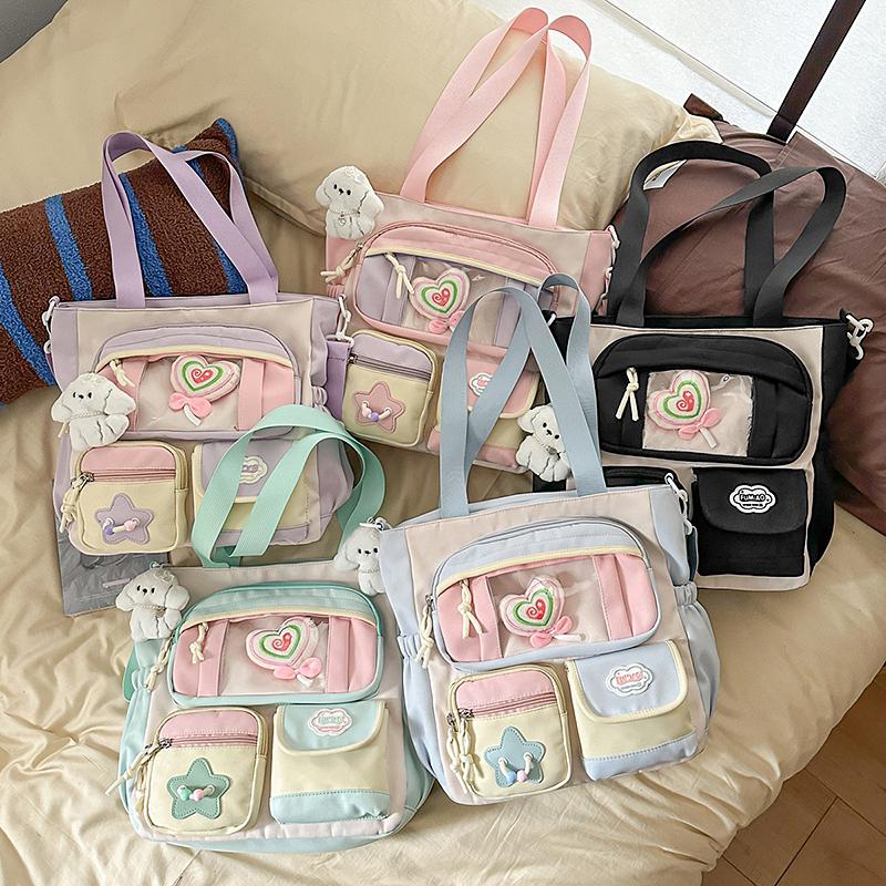 Contrast Color Student Shoulder Bag Girl's Large Capacity Crossbody Tote Bag