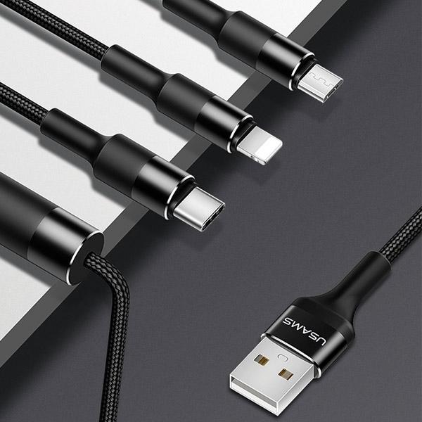USAMS Kabel pleciony U5 3w1 1,5m 2Aczarny/black (lightning/microUSB/USB-C) SJ2193IN101 (US-SJ219)