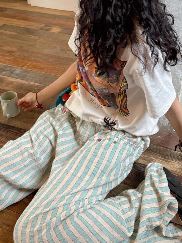 Women's Mint Green Striped Cotton Linen Wide-Leg Pants - New Casual Loose Fit