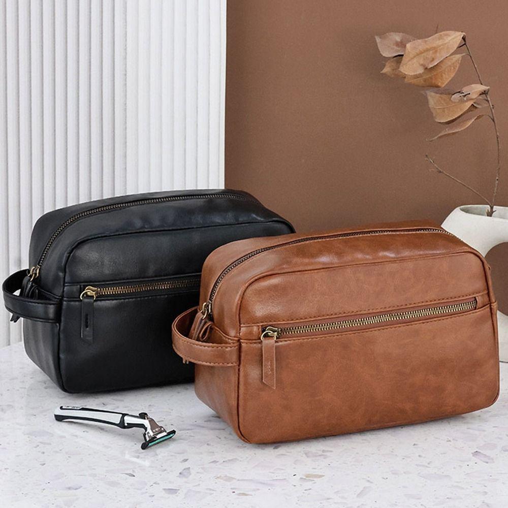 Zipper Cosmetic Storage Bag Multi Pocket Makeup Pouch Men Leather Wash Bag Business Trips