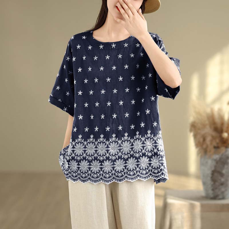 DIMANAF 2025 Новая летняя женская футболка больших размеров с коротким рукавом, свободный базовый повседневный топ, винтажная футболка с цветочным принтом