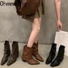 Мода осень зима женские короткие сапоги ретро стиль вестерн рыцарские сапоги острый нос квадратный каблук женская обувь
