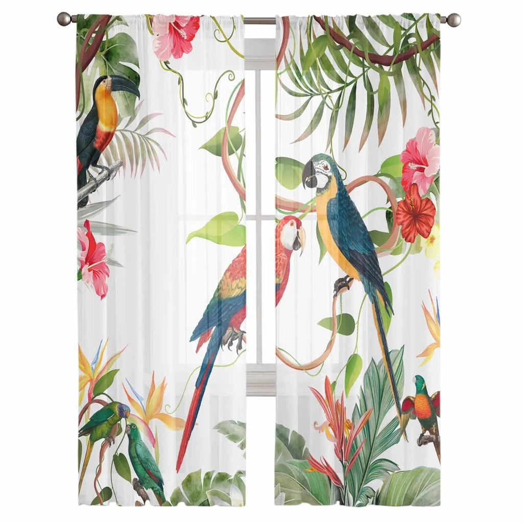 Прозрачные шторы с тропическими листьями и цветами попугая для гостиной, кухни, оконные шторы, тюлевые занавески для спальни, вуали