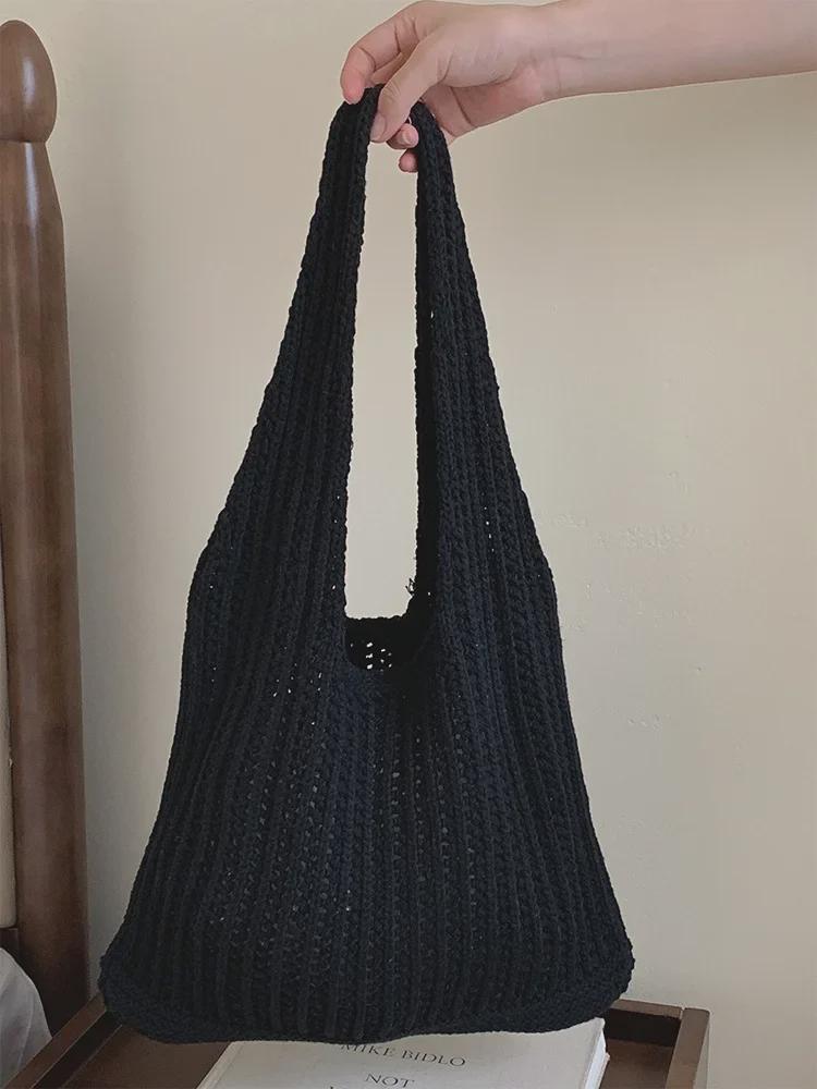 Вязаная сумка через плечо в корейском стиле Lazy Style - большая вместимость, однотонный цвет, алый дизайн, шерстяная сумка для покупок