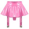 Womens Wet Look Patent Leather Ruffle Skirt Built-in Thongs Garter Belts Metal Clips Miniskirt Party Clubwear
