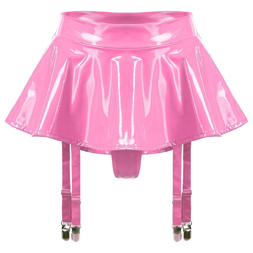 Womens Wet Look Patent Leather Ruffle Skirt Built-in Thongs Garter Belts Metal Clips Miniskirt Party Clubwear