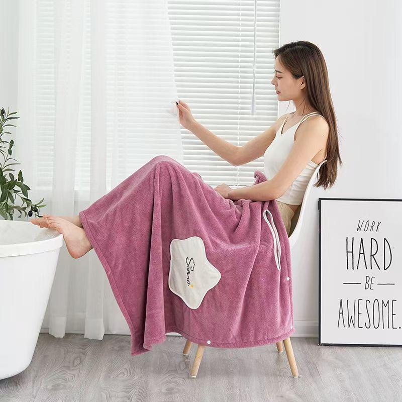 Women's Star Pattern Coral Fleece Bathrobe – Absorbent, Non-Shedding, Wearable or Wrap Towel.
