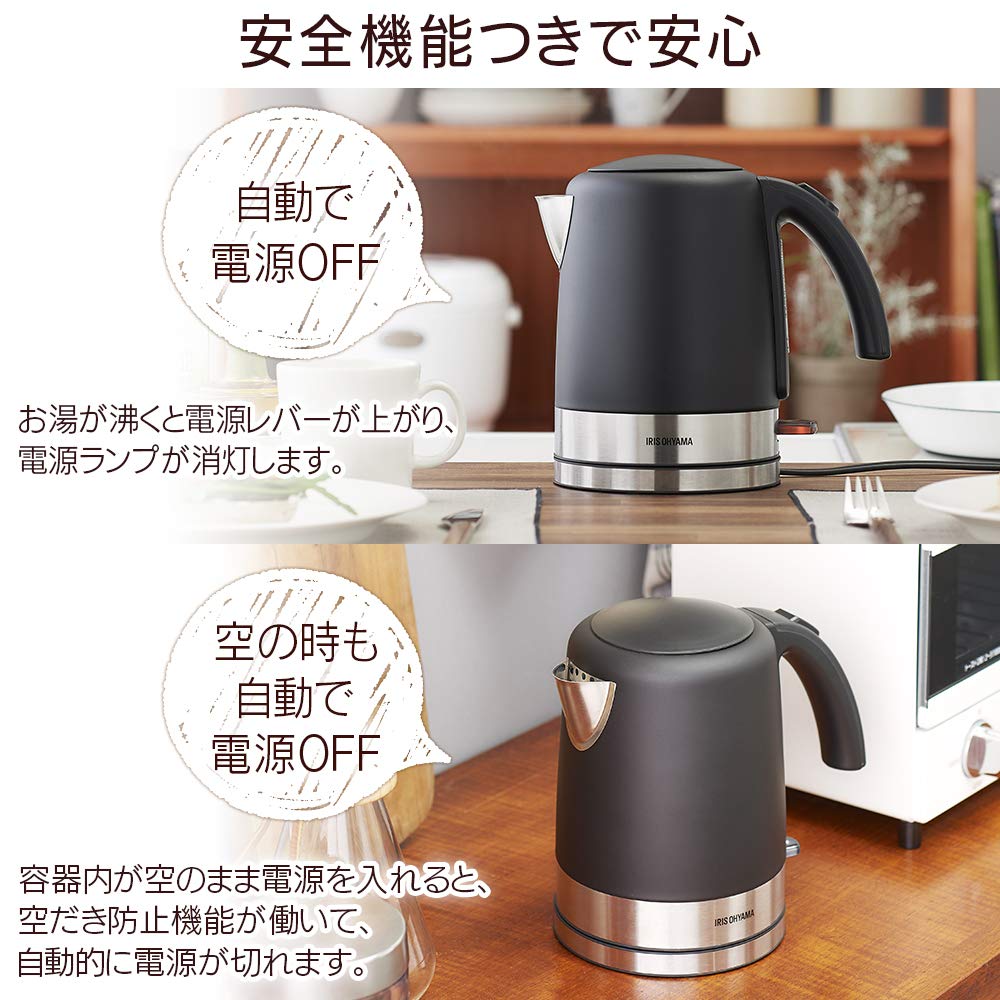 Iris Ohyama Электрический Большой Легко моющийся Без запаха Оснащенный Предотвращением Сухого Готовки ДизайнЧайник Черный Чайник, Емкость, 1000 мл, Чистый, Фильтр,