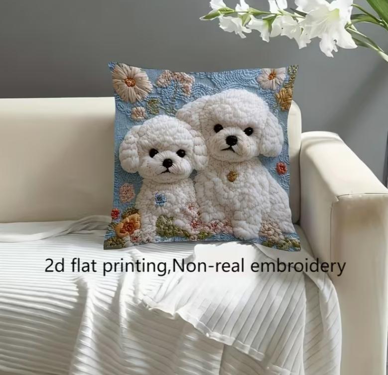 2D Flat Printing Bichon Frise With Floral Embroidery Pattern Cute And Warm Style Pillowcase, Non-Real Embroidery Home Decoration