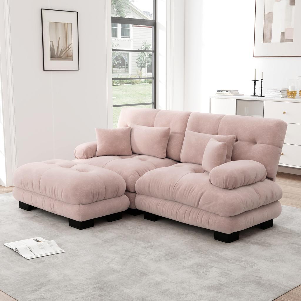Cloud corner sofa for living room, chenille double sofa, 2 lumbar pillows, 2 decorative pillows, wide armrests, ottoman, pink