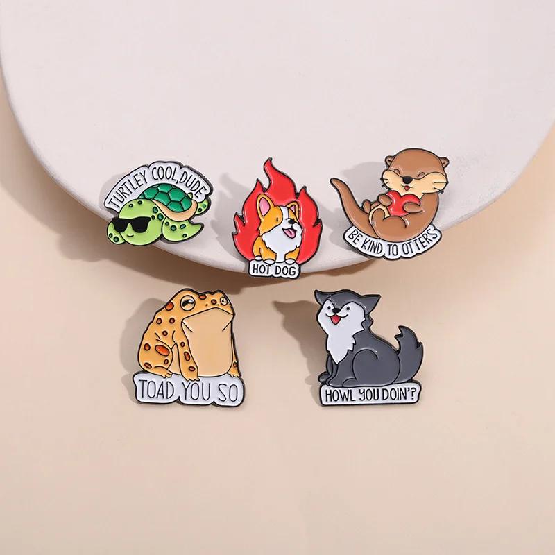 Cute Animals Enamel Pins Cartoon Toad Otters Dog Turtle Wolf Brooch Custom Bag Shirts Lapel Badges Jewelry Gift for Kids Friends