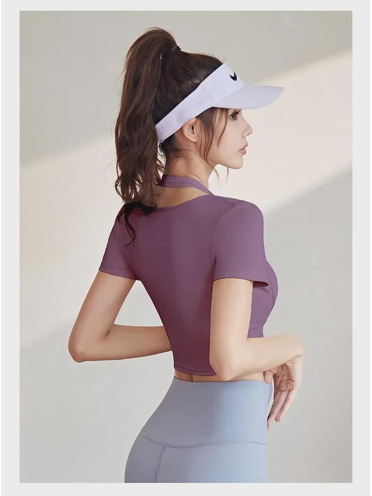 Peach Halter Neck Yoga Suit with Chest Pad - Short Sleeve, Tight Fit