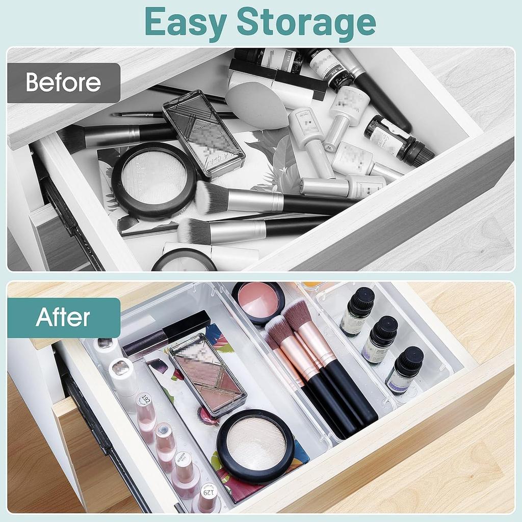 Набор из 25 прозрачных пластиковых органайзеров для ящиков, 4 размера, контейнеры для хранения в ящики стола для макияжа, украшений, гаджетов для кухни, спальни, ванной комнаты, офиса
