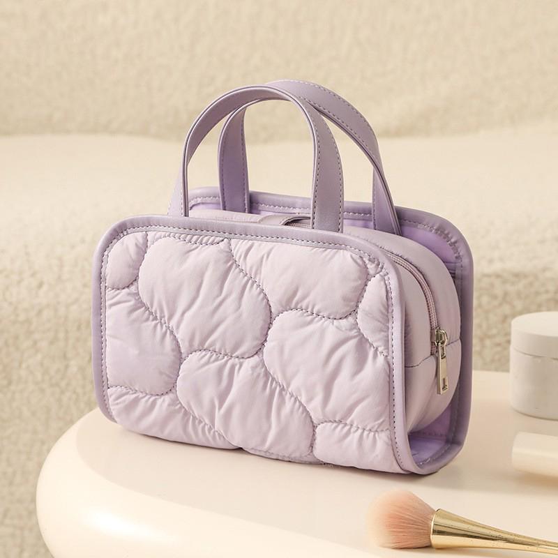 Portable Puffy Make up Organizer Case Bag Removable Cosmetic Pouch Small Toiletry Bag with Clear PVC PU Leather Handle