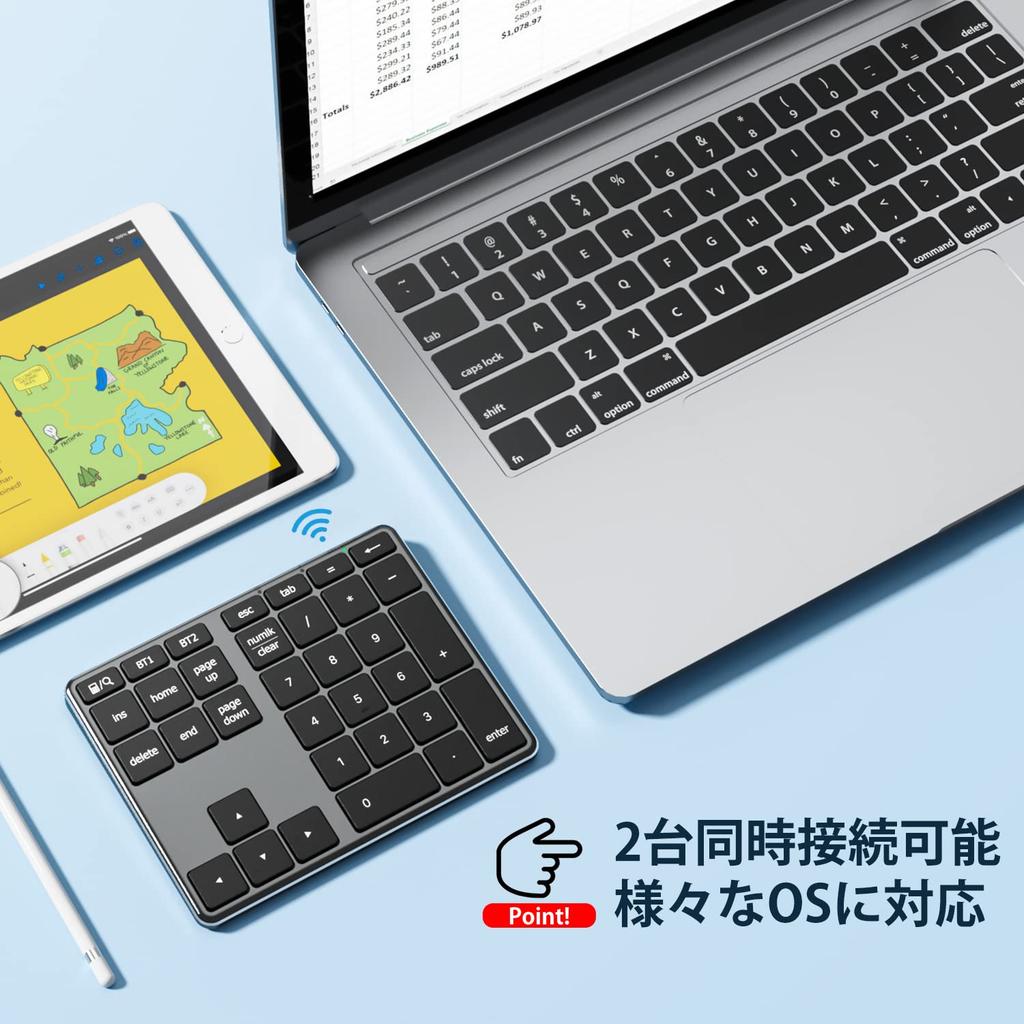 iClever Numeric Keypad Bluetooth Wireless Numeric Keyboard Pantograph Charging Ultra Thin Metal Structure Numlock Interlocking Connectable To Up To 2