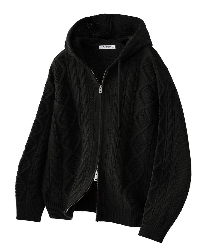 UNTAPPED STUDIO Oversized 2-Way Aran Cable Knit Zip-Up Hoodie 5 Colors