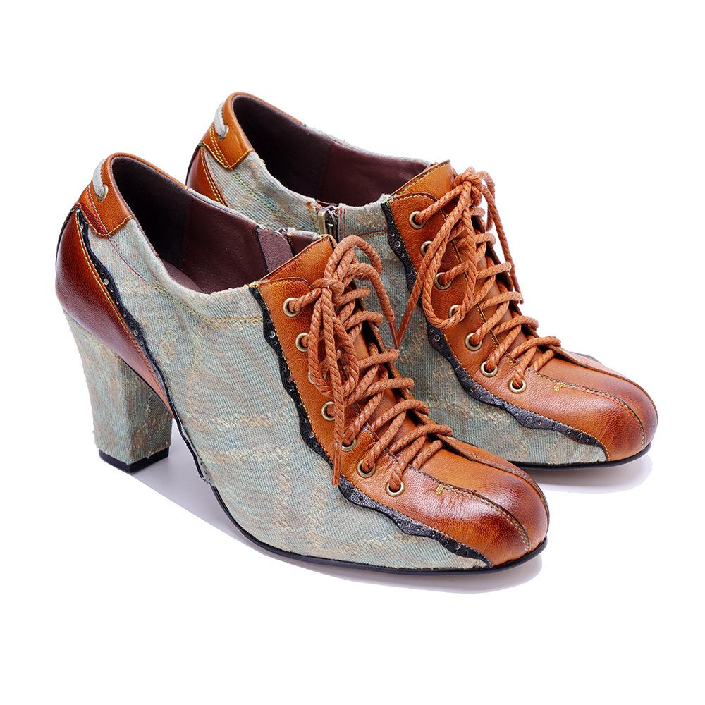 Johnature Fashionable Lace Up High Heels Retro Genuine Leather Patchwork Women's Shoes