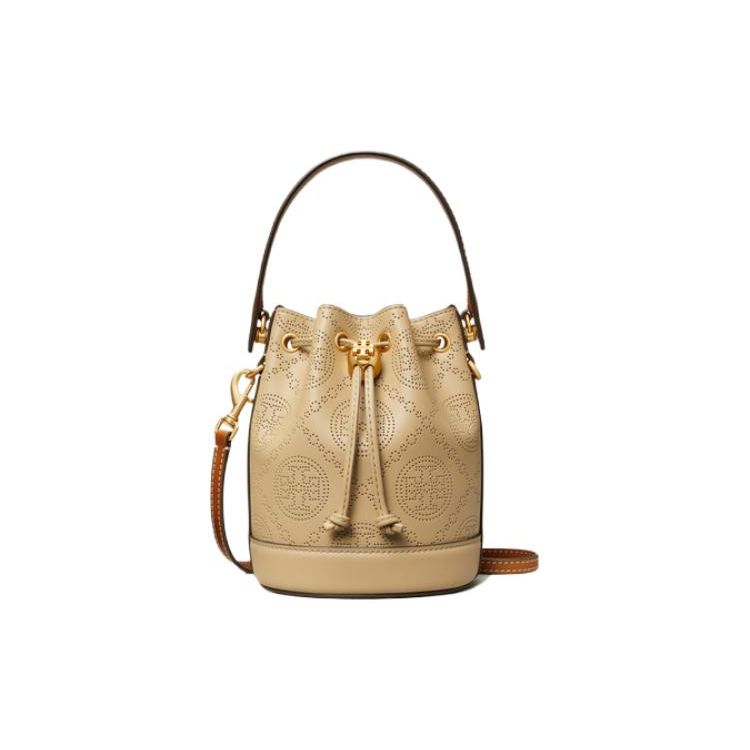 Tory Burch T Monogram Solid Color T Logo Embossed Hardware Drawstring Closure Bucket Bag Women bags Almond-Pink 151614-200