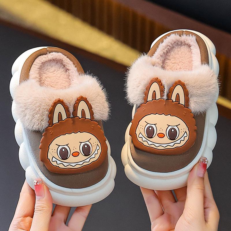 Waterproof PU Leather Cartoon Plush Slippers for Kids - Non-Slip, Cozy for Autumn & Winter