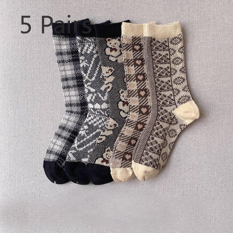 5 Pairs of Thick Mid-calf Socks for Women In Autumn and Winter, Retro Leopard Print Warm Combed Cotton Pile Socks for Women
