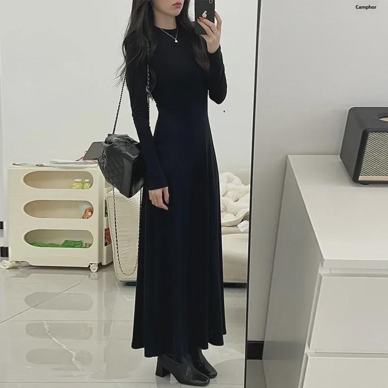 Hepburn-Style Black Long-Sleeve Slim Fit Dress for Autumn/Winter