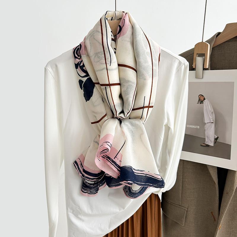 New Scarf Women Camellia Cotton and Linen Feel Scarf Summer Sun Protection Beach Towel Decorative Shawl