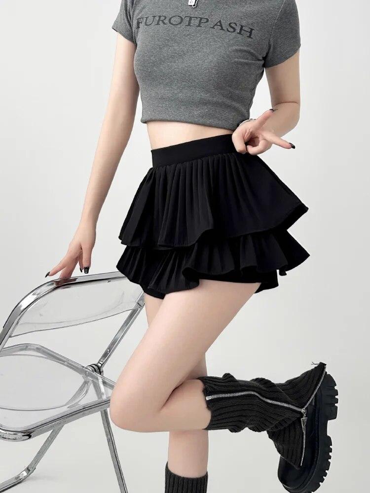 Kawaii Mini Skirt Women High Waist Ruffled Pleated Tulle Cake Slim Skirt Shorts Female Korean White Lolita Skirt Large Size
