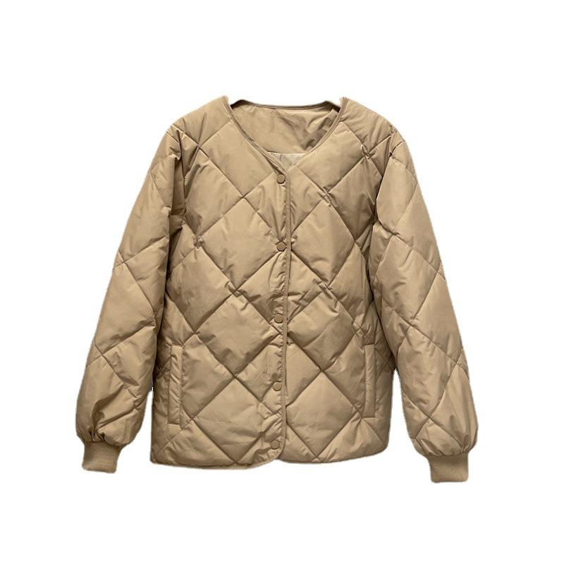 Women Fall Winter White Duck Down Jacket Coat Padded O-Neck Single-breasted Full Sleeve Pocket Lingge Thin Solid Color