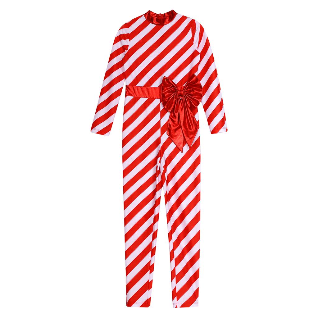 Kids Girls Candy Cane Striped Christmas Costume Long Sleeve Bow-knot Long Bodysuit Dance Jumpsuit Costume Dancewear
