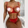 2023 Women's Lingerie Set Sexy Lace Mesh Hollow Out Open Bras Crotchless Panties Two-piece Suit Red Underwear Set Babydolls