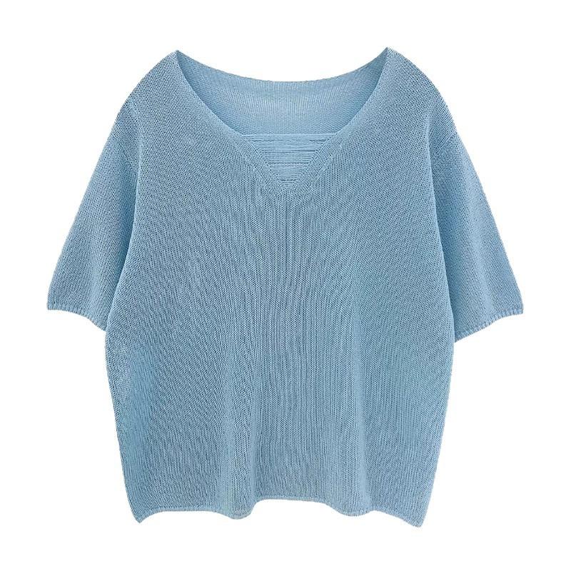 Summer New Hollow V-neck Short-sleeved Knitted Sweater Loose and Thin Thin Yarn Cool T-shirt Top