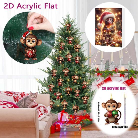 Обезьяна Адвент-календарь 2025 2D Акриловая Обезьяна Подвесное Украшение для Рождественской Елки 24 Дня