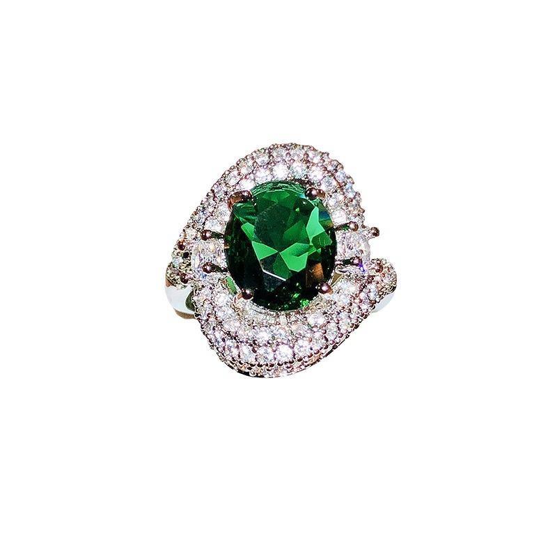 Group Inlaid Zircon Temperament Emerald Emerald Simulated Green Tourmaline Color Treasure Open Ring for Women  Live Finger Ring