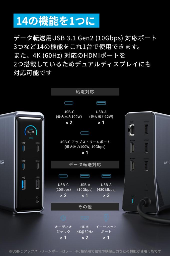Док-станция Anker Prime (14-в-1, двойной дисплей, 160 Вт) с портом USB-C для восходящего потока с выходной мощностью 100 Вт USB PD, встроенным GaN AC-DC блоком питания, 10 Гбит/с