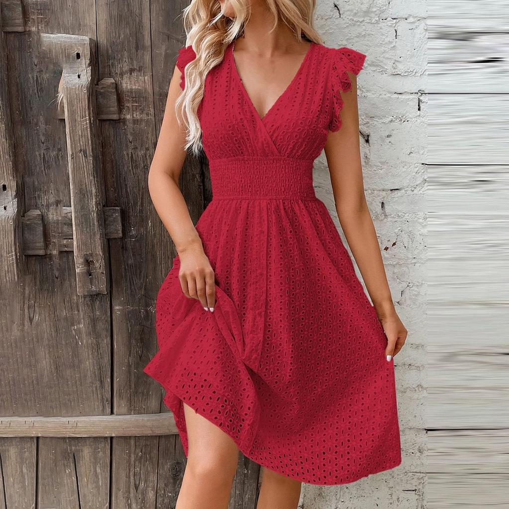 Женские модные однотонные повседневные платья средней длины с кружевом и V-образным вырезом